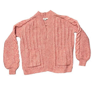 Madewell Bubble Sleeve Chunky Cable Knit Cardigan Sweater Pink XS Wool Blend